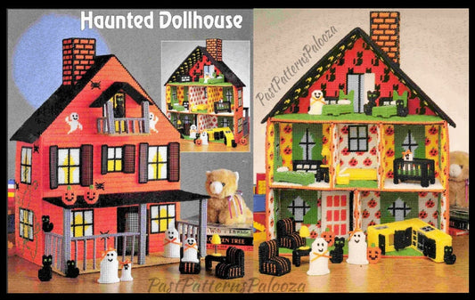 Vintage Plastic Canvas Pattern Large 19" Halloween Haunted Mansion Dollhouse PDF Instant Digital Download Ghost Family Interactive Playset