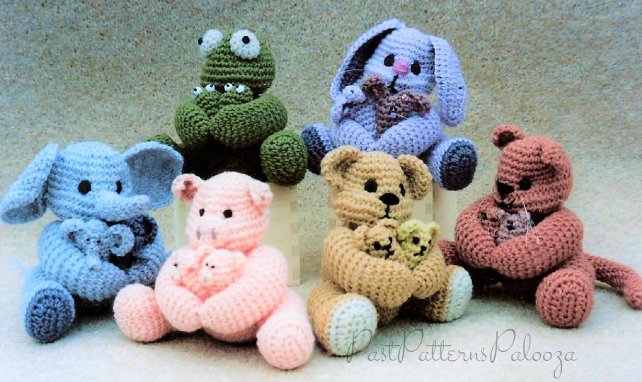 Vintage Crochet Pattern 7" Mama & Babies Animal Amigurumi PDF Instant Digital Download Hugging Soft Toys Pig Cat Frog Bunny Bear DK 5 Ply