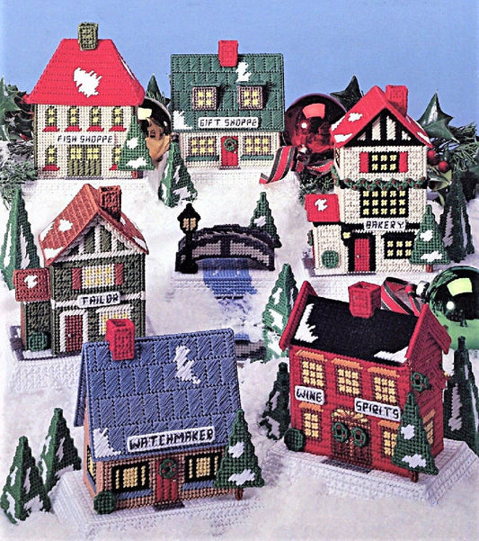 Vintage Plastic Canvas Patterns Victorian Christmas Shopping Village PDF Instant Digital Download Holiday Olde Shoppes Town 10 mesh