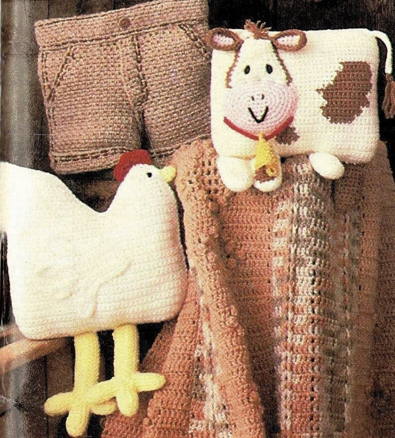 Vintage Crochet Pattern 9" Country Barnyard Animal Pillows Chicken Cow Cushion PDF Instant Digital Download Hen Farmhouse Chic 4 Ply