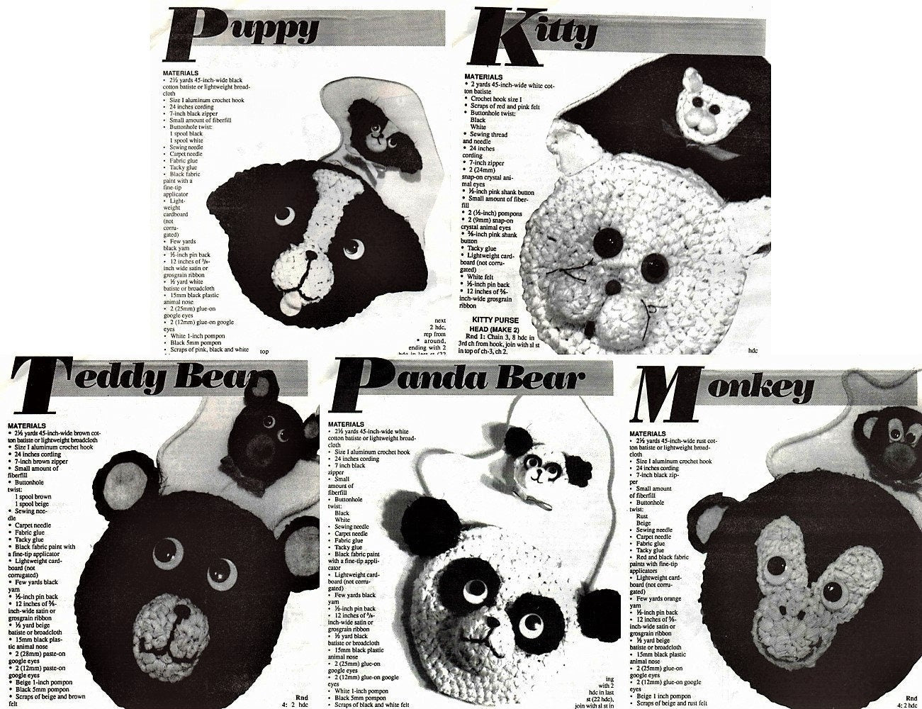 Vintage Crochet Patterns Cute Animal Toy Purses with Matching Pins PDF Instant Digital Download Panda Bear Dog Cat Monkey 4 Ply