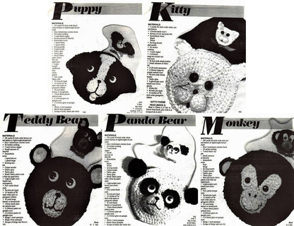 Vintage Crochet Patterns Cute Animal Toy Purses with Matching Pins PDF Instant Digital Download Panda Bear Dog Cat Monkey 4 Ply