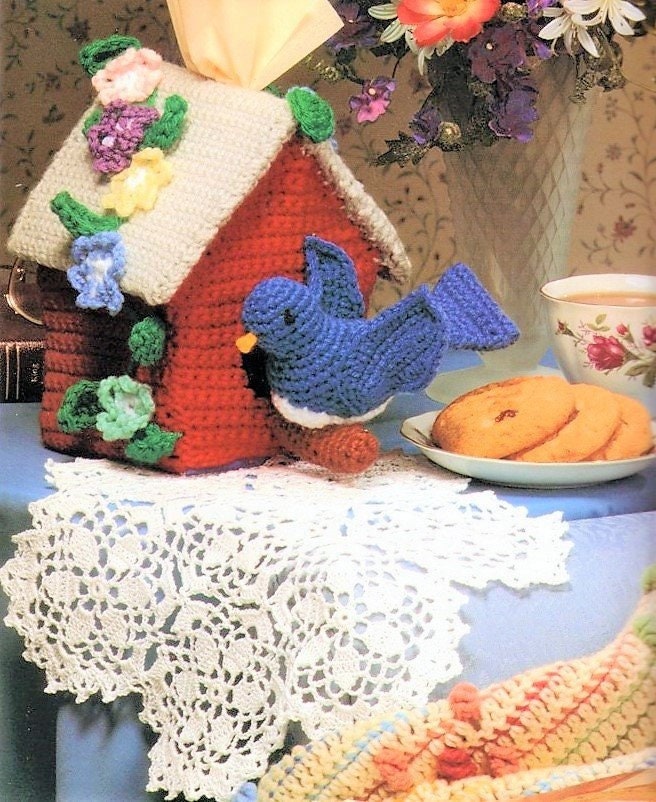 Vintage Crochet Pattern Bluebird Birdhouse Tissue Box Cover Topper PDF Instant Digital Download Springtime Bird Flowers 4 Ply