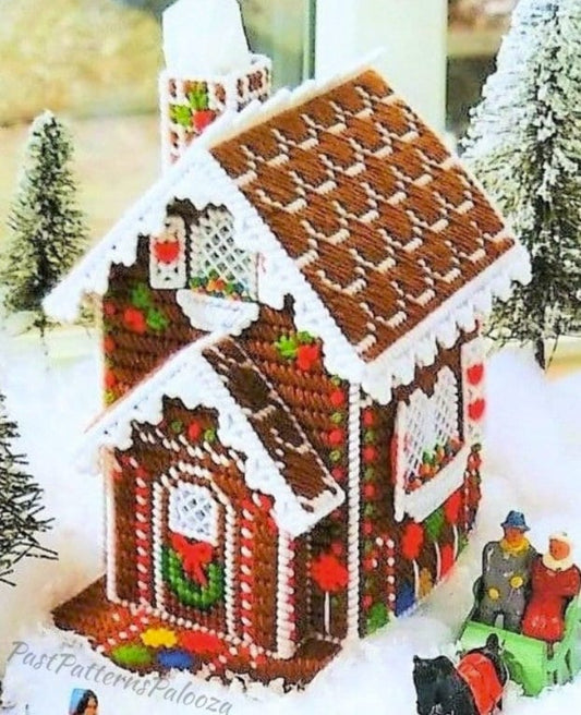 Vintage Plastic Canvas Pattern Snowy Gingerbread House Tissue Box Cover Christmas Tissue Topper PDF Instant Digital Download 7 Count