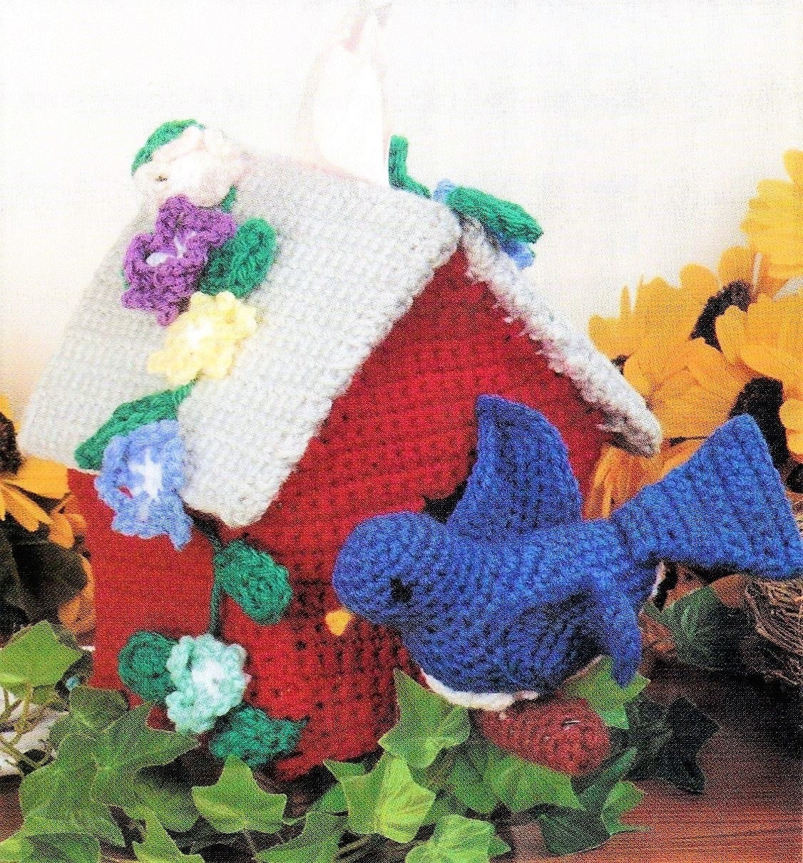 Vintage Crochet Pattern Bluebird Birdhouse Tissue Box Cover Topper PDF Instant Digital Download Springtime Bird Flowers 4 Ply