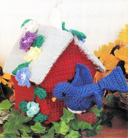 Vintage Crochet Pattern Bluebird Birdhouse Tissue Box Cover Topper PDF Instant Digital Download Springtime Bird Flowers 4 Ply
