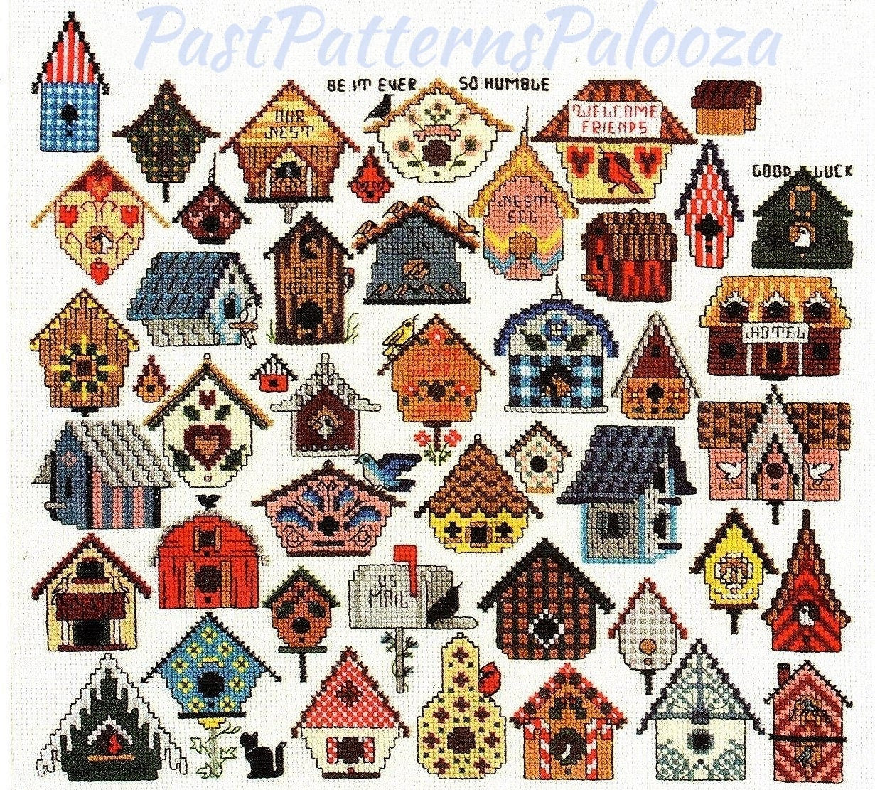 Vintage Cross Stitch Patterns Mini Bird House Motifs PDF Instant Digital Download Embroidery 45 Cute Birdhouses A1