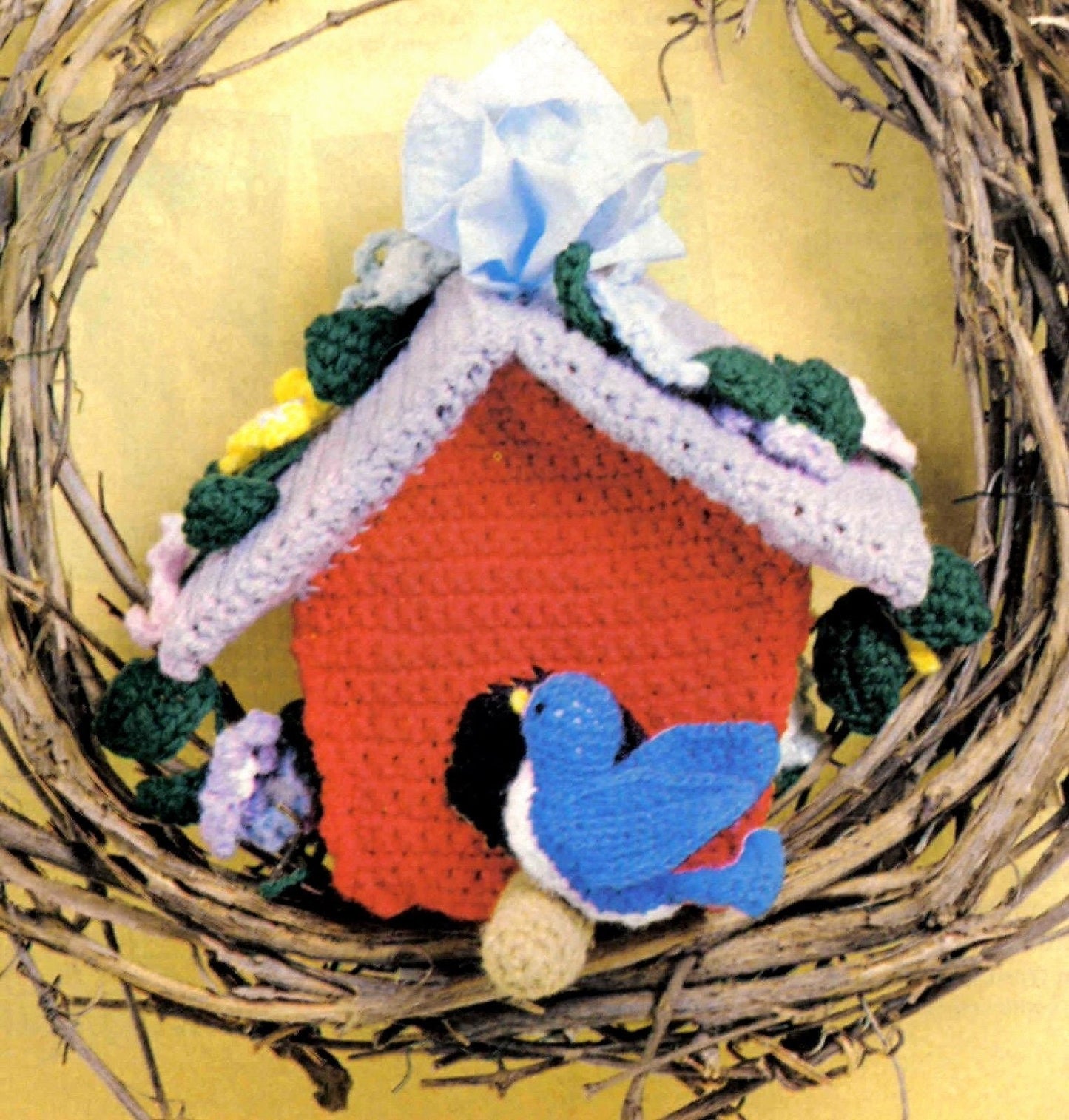 Vintage Crochet Pattern Bluebird Birdhouse Tissue Box Cover Topper PDF Instant Digital Download Springtime Bird Flowers 4 Ply