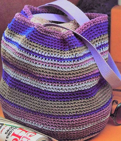 Vintage Crochet Pattern 16" Large Striped Shopping Tote Round Cotton Bag PDF Instant Digital Download 10 Ply