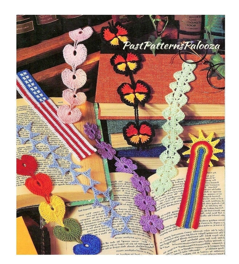 Vintage Thread Crochet Pattern Fun Pretty Bookmarks In 8 Designs PDF Instant Digital Download Hearts Flower Rainbow Butterfly Flag Stars