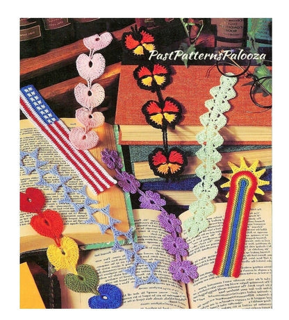 Vintage Thread Crochet Pattern Fun Pretty Bookmarks In 8 Designs PDF Instant Digital Download Hearts Flower Rainbow Butterfly Flag Stars
