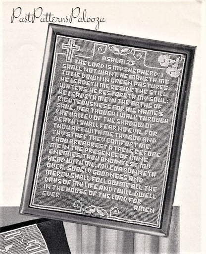 Vintage Filet Crochet Pattern 23rd Psalm 23 Prayer Panel or Wall Hanging PDF Instant Digital Download The Lord Is My Shepherd