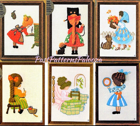 Vintage Crewel Embroidery Patterns Cute Kitsch Girls Old Fashioned Little Ladies PDF Instant Download Mini Stitchery 5x7 Lot of Six Designs