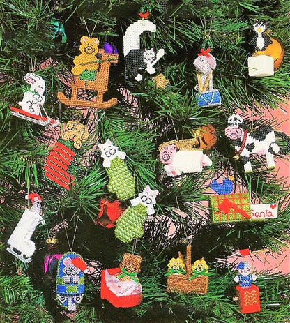 Vintage Plastic Canvas Pattern Miniature Animal Christmas Ornaments PDF Instant Digital Download Cute Tiny Tree Trims 15 Designs 10 Mesh