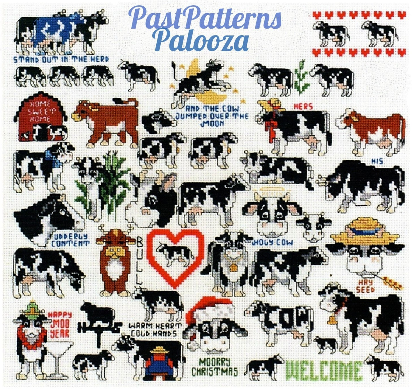 Vintage Cross Stitch Patterns Cute Mini Cow Motifs PDF Instant Digital Download Embroidery 30 Kitsch Quirky Humorous Designs A1