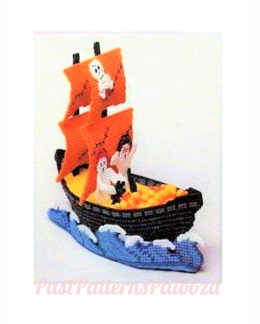 Vintage Plastic Canvas Pattern Ghost Candy Ship PDF Instant Digital Download Halloween Party Ghost Pirate Ship Holder Centerpiece Decor