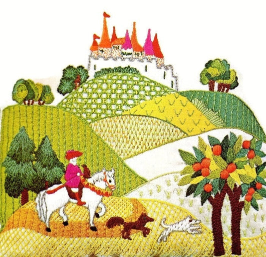 Vintage Crewel Embroidery Pattern Romance Revisited Knight With Dogs Medieval Castle Hillside Scene Stitchery PDF Instant Digital Download