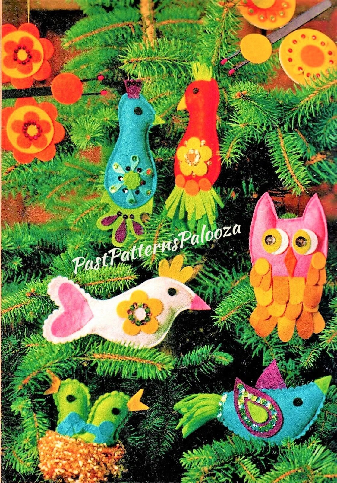 Vintage Christmas Sewing Pattern Retro Funky Birds Owl Butterfly Tree Ornaments PDF Instant Digital Download Kitsch Mod Birdies 1970s