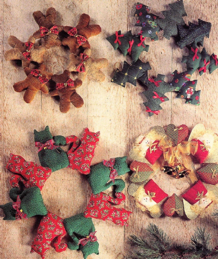 Vintage Sewing Patterns Calico Country Christmas Wreaths 5 Designs PDF Instant Digital Download Plush Trees Gingerbread Cat Angel Teddy