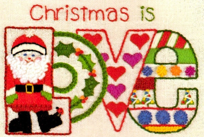 Vintage Crewel Embroidery Christmas Is Love Pattern Retro 1970s Design PDF Instant Download Mini Stitchery Holiday Motif Sampler 5x7