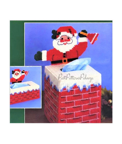 Vintage Plastic Canvas Christmas Tissue Box Cover Pattern Santa Chimney Holiday Tissue Topper PDF Instant Digital Download 2 Sizes 7 Count