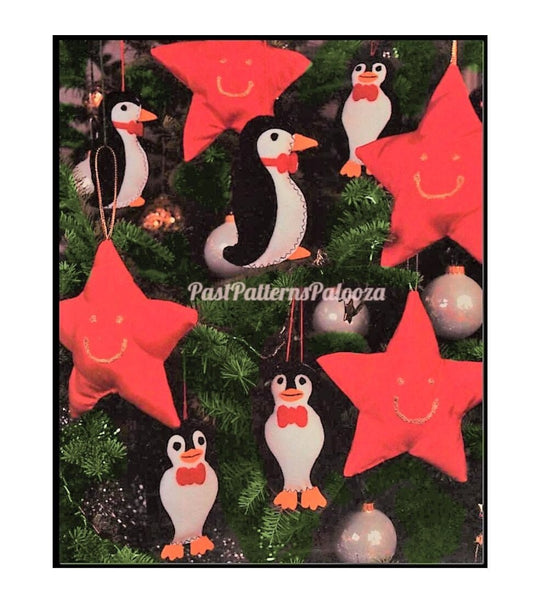 Vintage Sewing Pattern Felt Fabric Christmas Penguins Happy Stars Ornaments PDF Instant Digital Download Cute Holiday Tree Trim