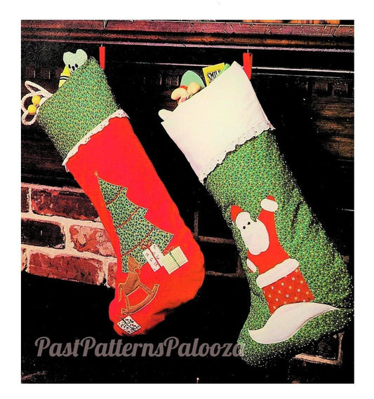 Vintage Christmas Sewing Pattern 20" Calico Christmas Stockings PDF Instant Digital Download 2 Appliqued Designs Santa Claus and Tree