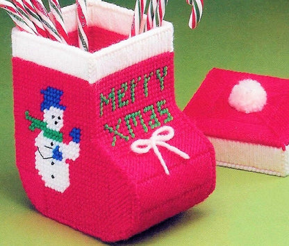 Vintage Plastic Canvas Pattern 6" Christmas Snowman Stocking Treat Jar Holder with Lid Centerpiece PDF Instant Digital Download 7 Count