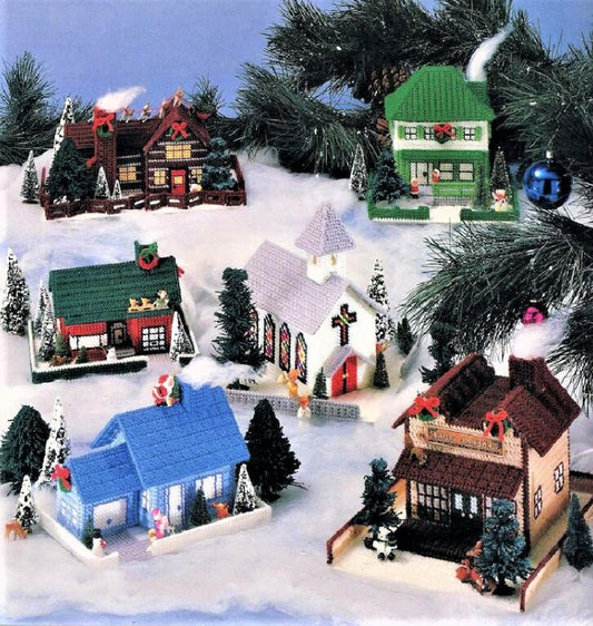 Vintage Plastic Canvas Patterns Christmas Village No. 3 PDF Instant Digital Download Holiday Houses Town Display Centerpiece 7 Mesh 10 Ply