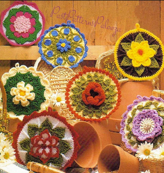 Vintage Crochet Pattern Pretty Flower Garden Potholders PDF Instant Digital Download Floral Gardenia Poppy Peony Daffodil Pot Holders 10 Ply