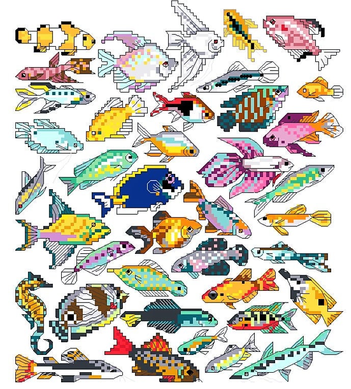 Vintage Cross Stitch Patterns Tropical Fish Motifs PDF Instant Digital Download Embroidery Exotic Marine Reef Fish Designs