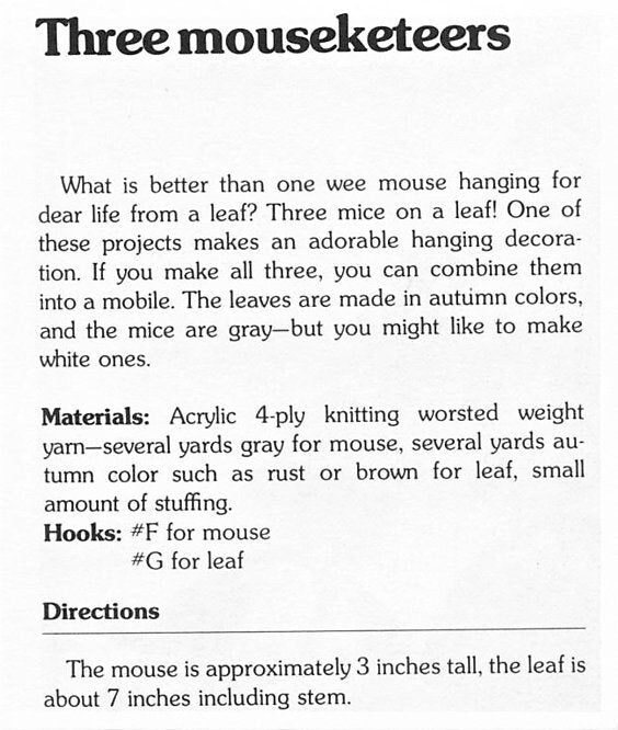 Vintage Crochet Pattern 3" Autumn Leaf Country Mice Amigurumi PDF Instant Digital Download Three Mouseketeers Mobile Mouse or Soft Toys