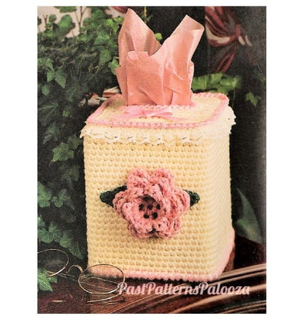 Vintage Crochet Pattern Victorian Rose Tissue Box Cover Topper PDF Instant Digital Download Lace Ribbon Flower Motif 4 Ply