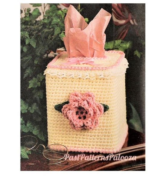 Vintage Crochet Pattern Victorian Rose Tissue Box Cover Topper PDF Instant Digital Download Lace Ribbon Flower Motif 4 Ply