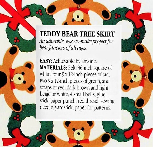 Vintage Sewing Pattern 36" Teddy Bear Christmas Tree Skirt Felt Fabric PDF Instant Digital Download Quick Easy Fun Bears Wreaths Applique