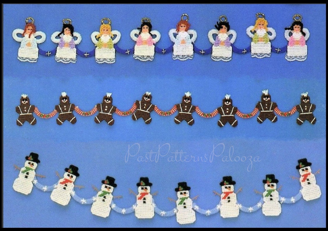 Vintage Plastic Canvas Pattern Christmas Banner Swag Bunting Angels Snowman Gingerbread Men Hanging Garland PDF Instant Digital Download