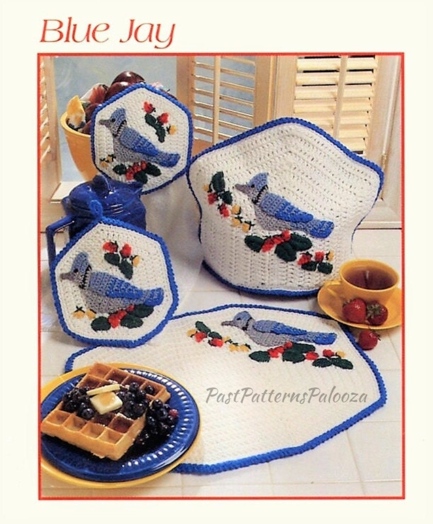 Vintage Crochet Pattern Blue Jay Bird Kitchen Set PDF Instant Digital Download Tea Cosy Place Mat Pot Holder Towel Topper 10 Ply