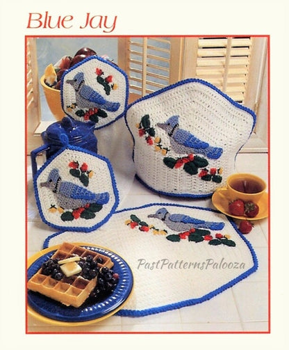 Vintage Crochet Pattern Blue Jay Bird Kitchen Set PDF Instant Digital Download Tea Cosy Place Mat Pot Holder Towel Topper 10 Ply