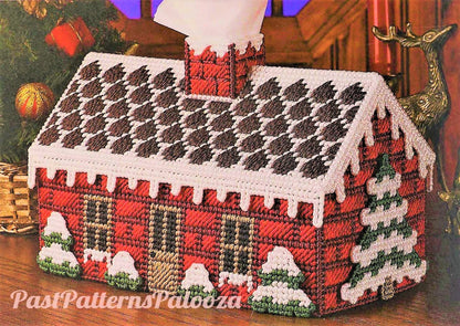 Vintage Plastic Canvas Pattern Snowy Gingerbread Cabin Large Tissue Box Cover Christmas Tissue Topper PDF Instant Digital Download 7 Count