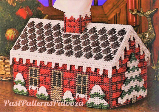 Vintage Plastic Canvas Pattern Snowy Gingerbread Cabin Large Tissue Box Cover Christmas Tissue Topper PDF Instant Digital Download 7 Count