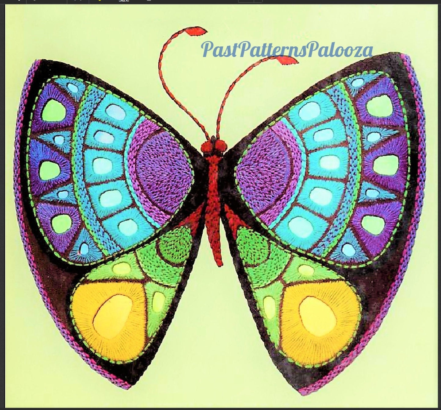 Vintage Embroidery Pattern 9" Beautiful Boho Butterfly Metal Inlay Wings PDF Instant Digital Download Retro Mod Bohemian Wall Hanging