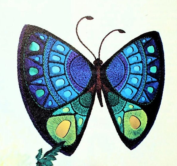 Vintage Embroidery Pattern 9" Beautiful Boho Butterfly Metal Inlay Wings PDF Instant Digital Download Retro Mod Bohemian Wall Hanging