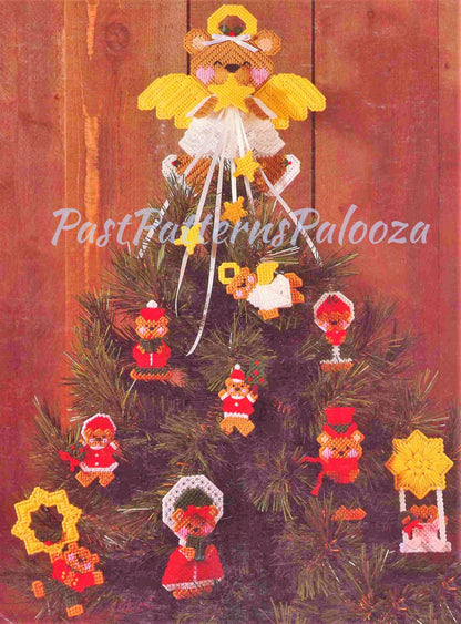 Vintage Plastic Canvas Pattern Christmas Teddy Bear Ornaments Tissue Cover Caddy Angel Bear Tree Topper PDF Instant Digital Download