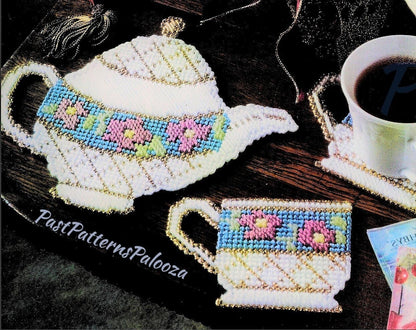 Vintage Plastic Canvas Pattern Floral Teacup Teapot Coasters and Trivet Set PDF Instant Digital Download Drink Coasters Hot Plate 7 Mesh