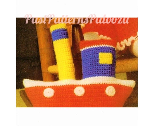 Vintage Crochet Pattern 12" Tugboat Boat Soft Toy or Pillow Cushion PDF Instant Digital Download Plush Steamboat 10 Ply
