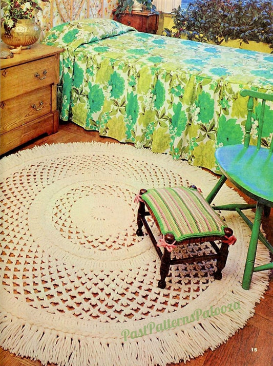 Vintage Crochet Pattern 5' Round Irish Crochet Area Rug PDF Instant Digital Download Pretty Mesh Lace & Braided Fringed Rug