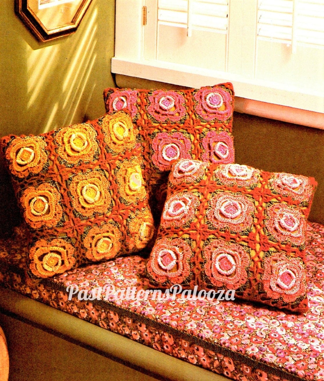 Vintage Thread Crochet Pattern Irish Rose Trio Pillows Boho Floral Granny Square Cushions PDF Instant Digital Download Perle Cotton no. 5