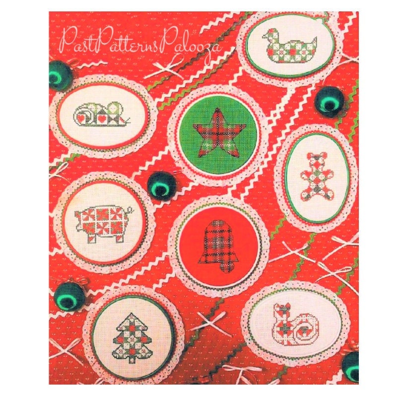 Vintage Cross Stitch Pattern 5" Plaid Patchwork Christmas Ornaments PDF Instant Digital Download 8 Cute Country Holiday Motifs