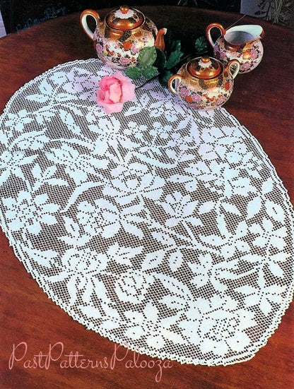 Vintage Filet Crochet Pattern Large 33" Flower Bouquet Doily Centerpiece Oval Table Mat PDF Instant Digital Download Net Stitch Springtime