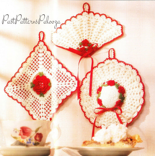 Vintage Crochet Pattern Pretty Victorian Potholders PDF Instant Digital Download Lacy Fan Hat Square Rose Cotton Thread 3 Designs